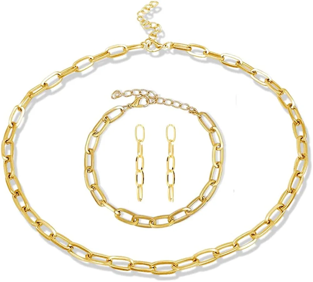 14K Gold Plated Paperclip Alloy Link Chain Choker Necklace and Bracelet Set