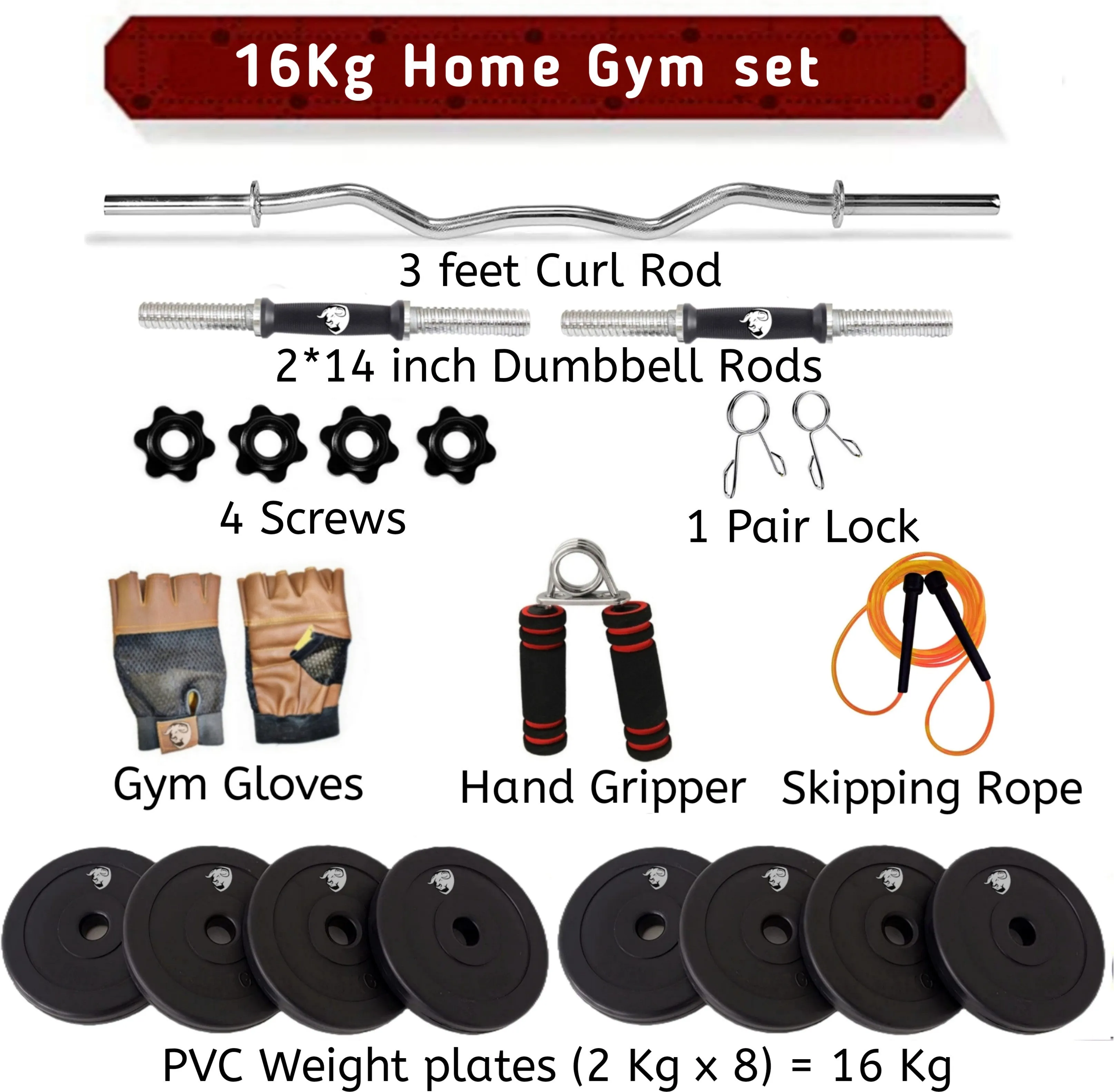 16 kg | Home Gym kit with 3 Feet Curl Rod and Pair of Dumbbell Rods Home Gym Combo