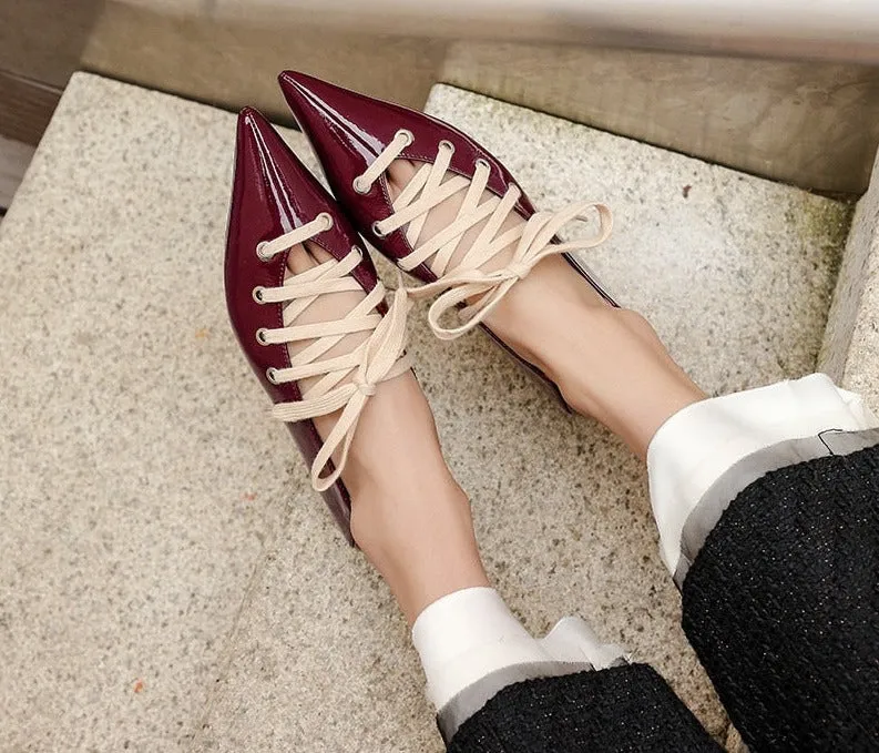 Amozae Back to College New Spring Summer Pointed Toe Low Heels Shoes Woman Cross Strap Lace Up Gladiator Pumps Black Office Shoes