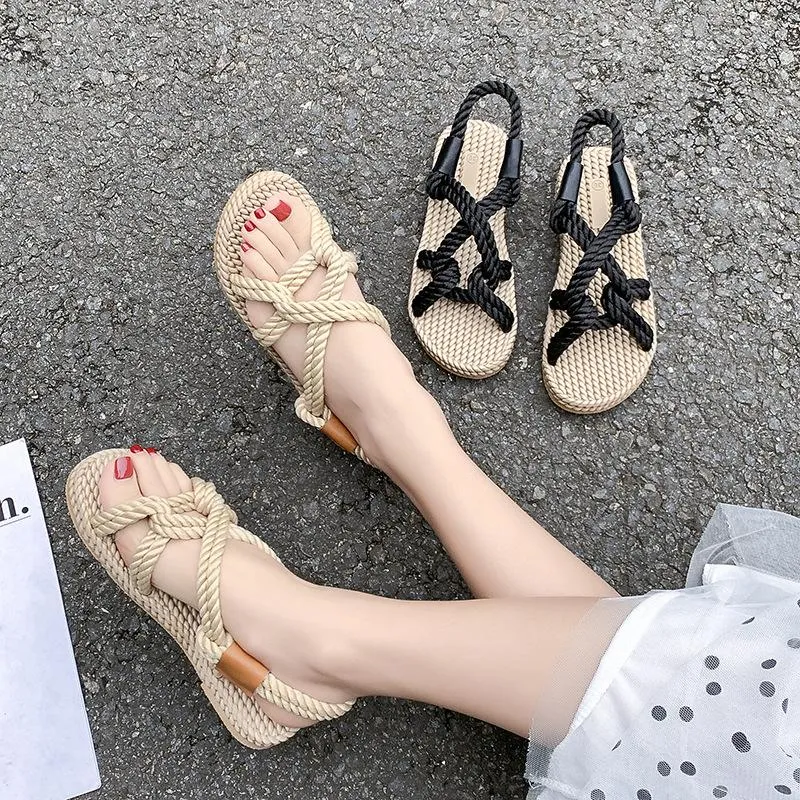 Beach sandals female summer retro casual simple flat open toe hemp rope woven shoes