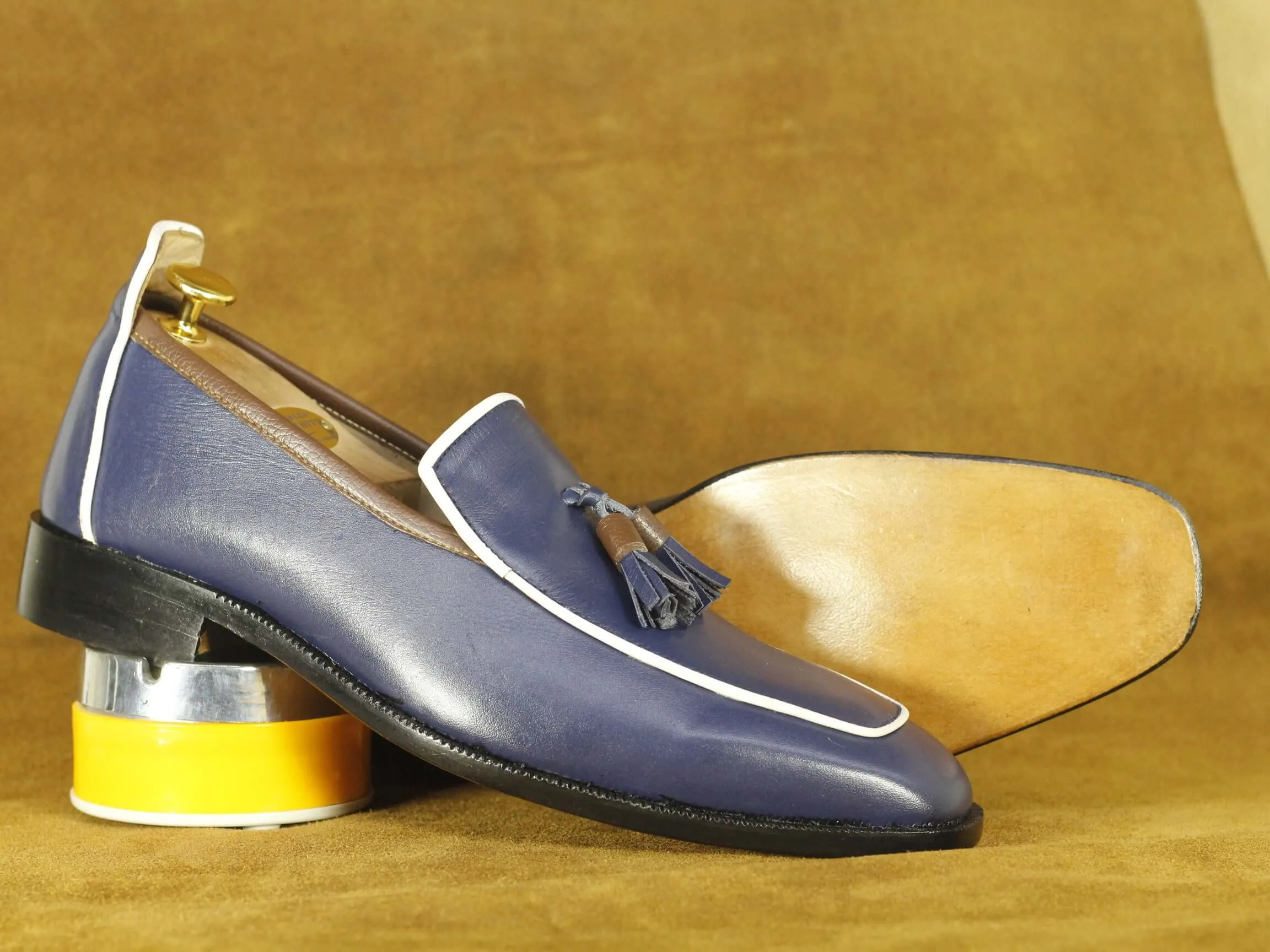 Bespoke Blue Loafer Tussle Shoes, Men's Leather Shoes