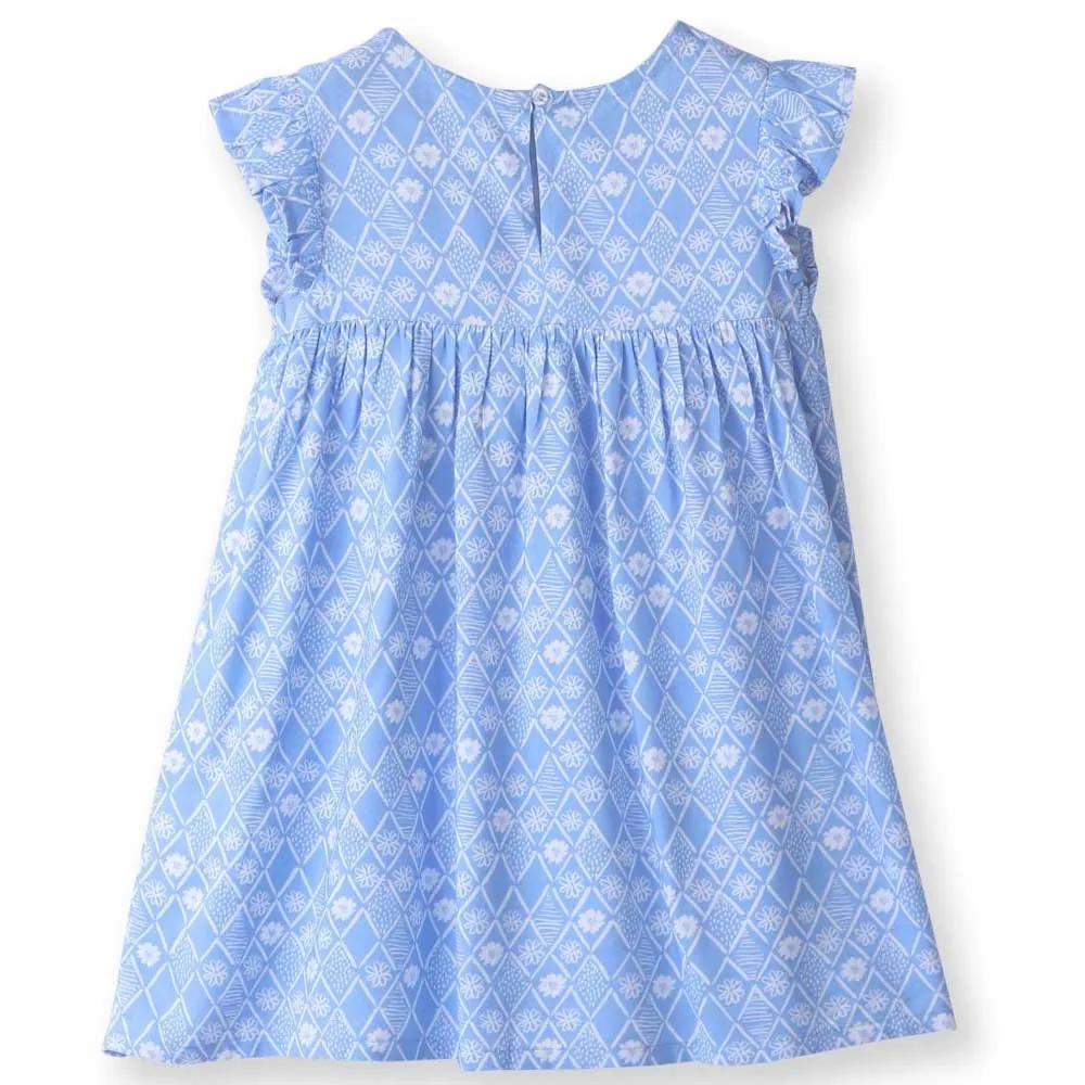 Blue Floral Printed Frill Sleeves Dress