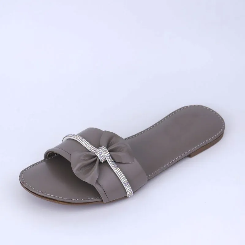 Bow Rhinestone Strap Slippers Glossy Shine Sole Comfortable Flat Slides