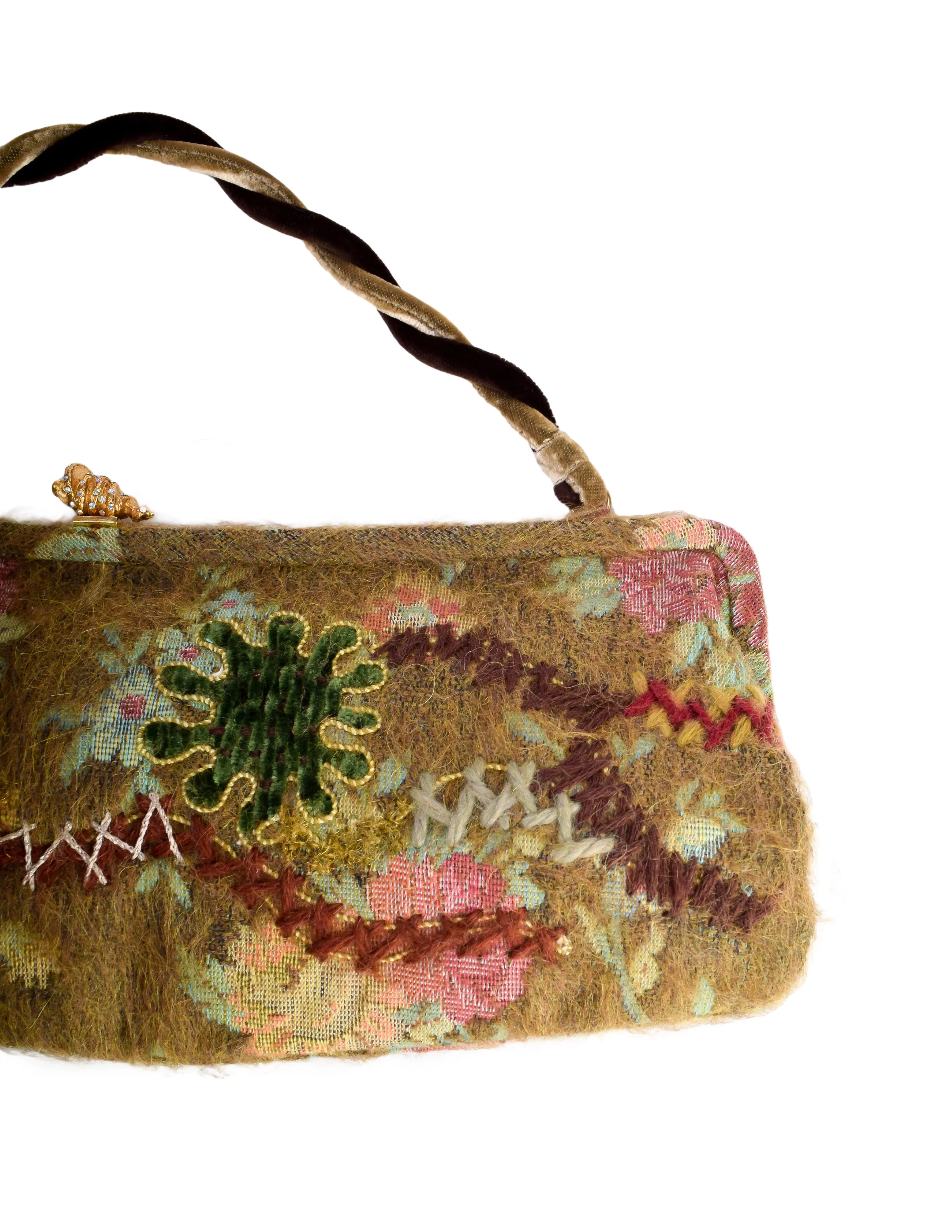 Christian Lacroix Vintage AW1998 Green Floral Tapestry Embellished Handbag and Shoes Set