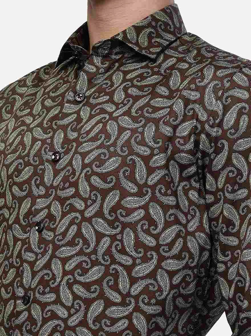 Coffee Brown Printed Slim Fit Party Wear Shirt | JB Studio