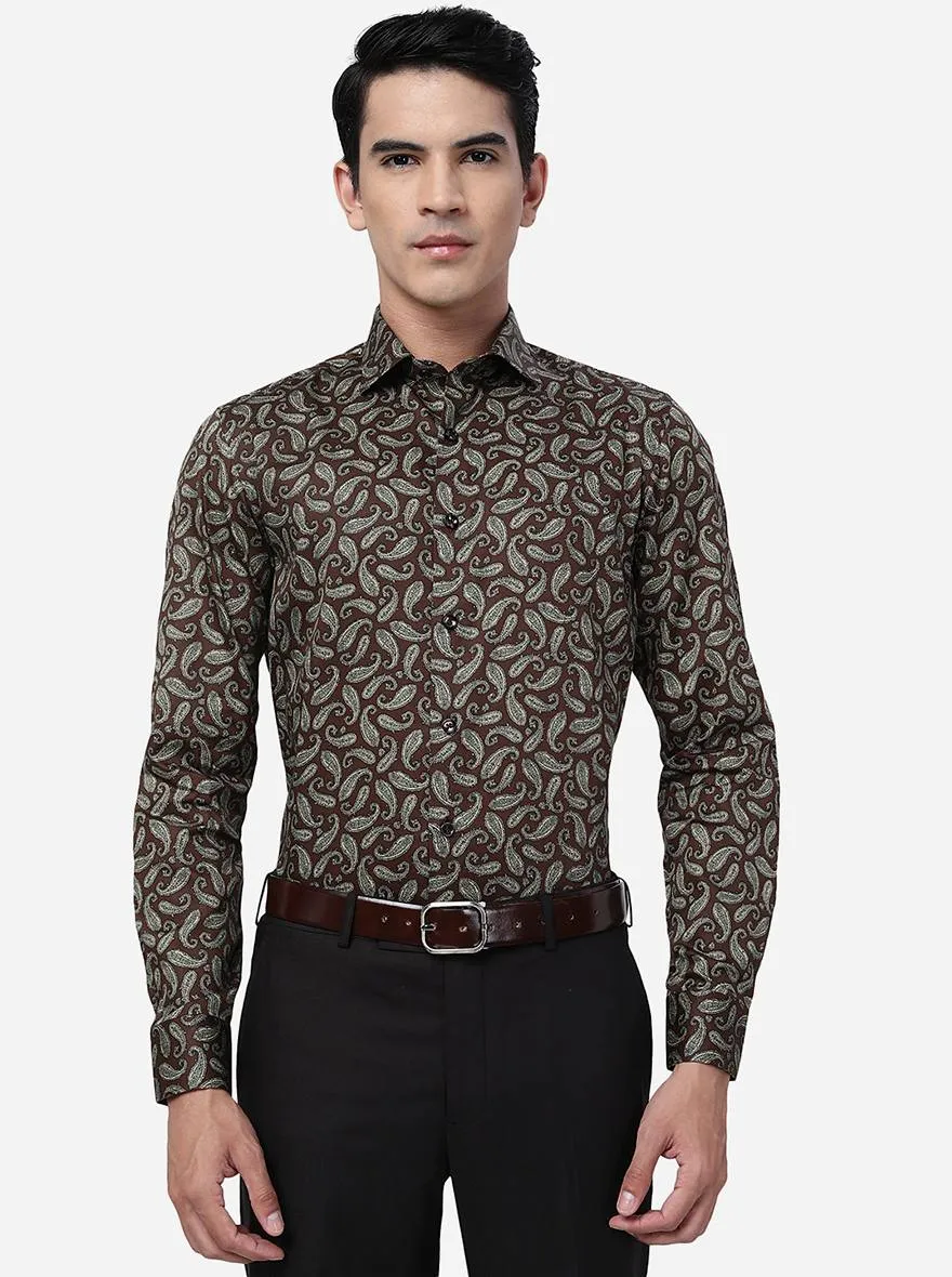 Coffee Brown Printed Slim Fit Party Wear Shirt | JB Studio