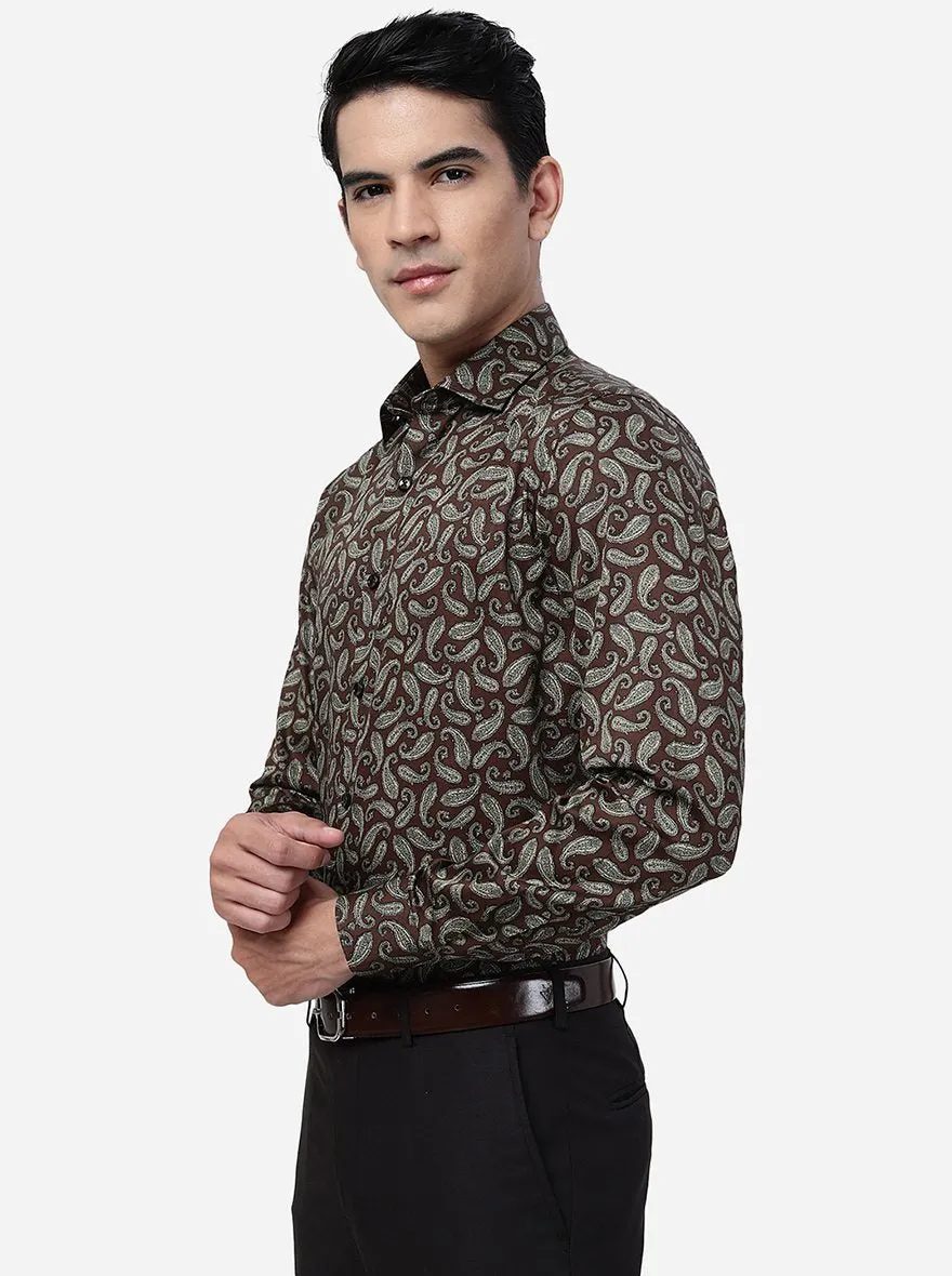 Coffee Brown Printed Slim Fit Party Wear Shirt | JB Studio