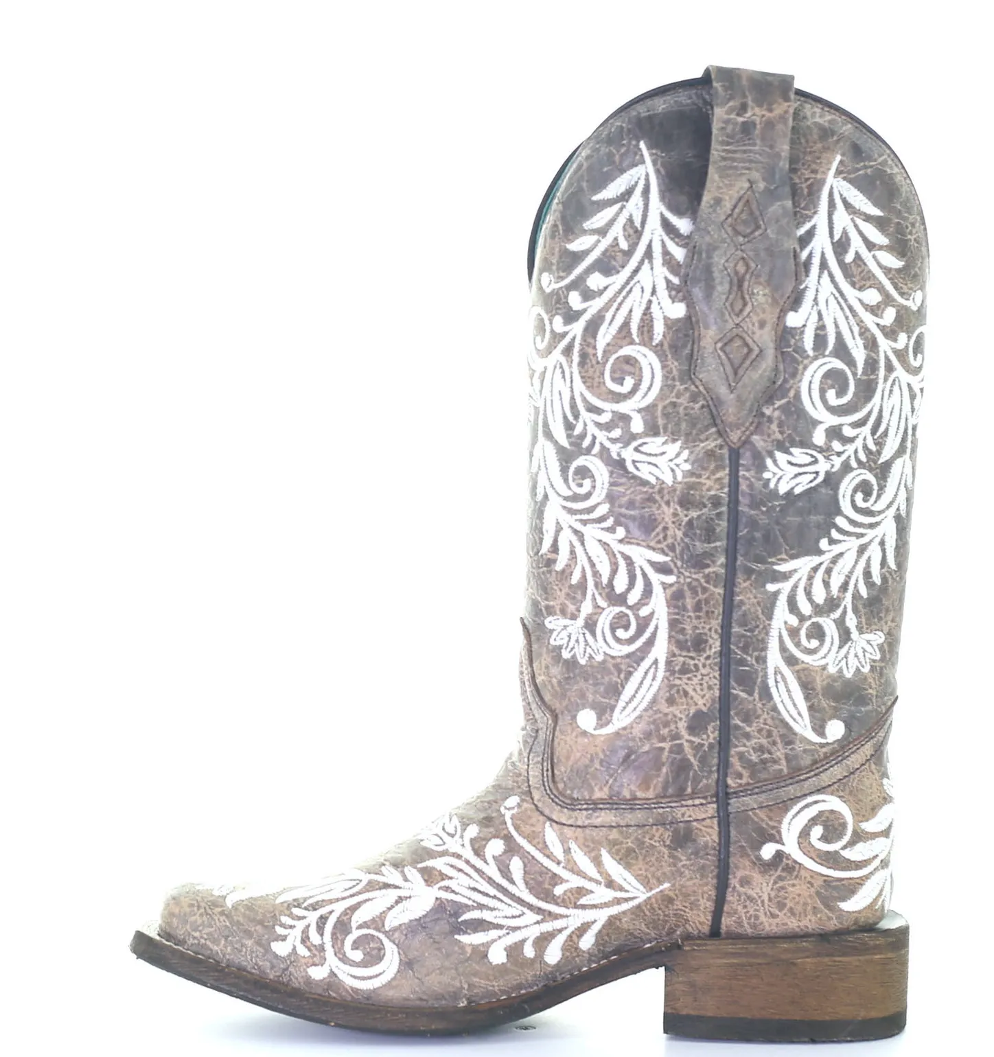 CORRAL WOMEN'S BROWN & WHITE EMBROIDERED SQUARE TOE BOOT - A4063