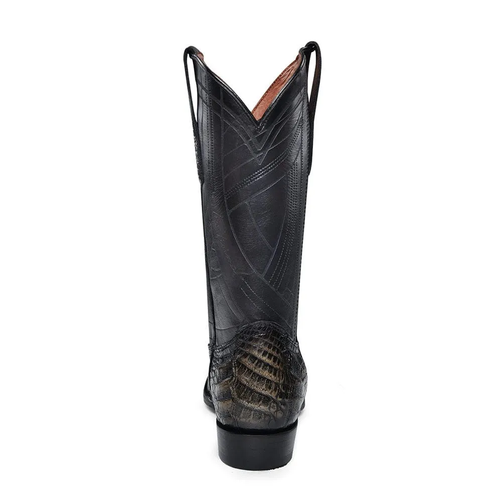 Cuadra Men's Plunge Black Sand Caiman Laser & Embroidery Pointed Toe