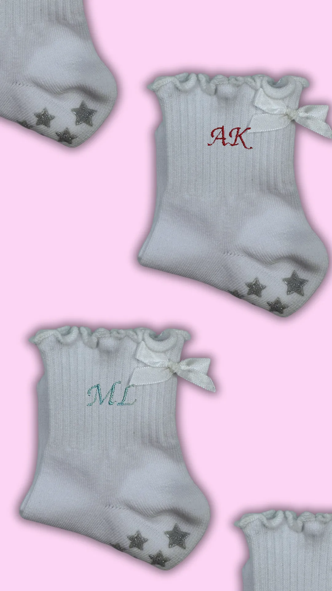 Custom Initial White ruffle grip sock with white bow and silver glitter star grips