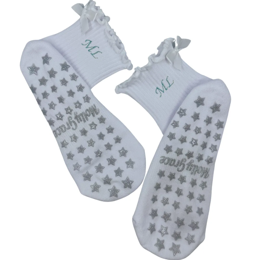 Custom Initial White ruffle grip sock with white bow and silver glitter star grips