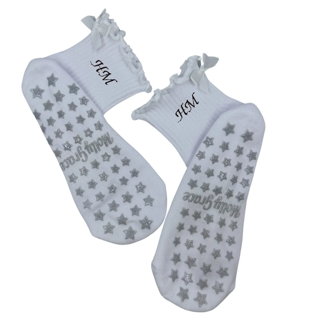 Custom Initial White ruffle grip sock with white bow and silver glitter star grips