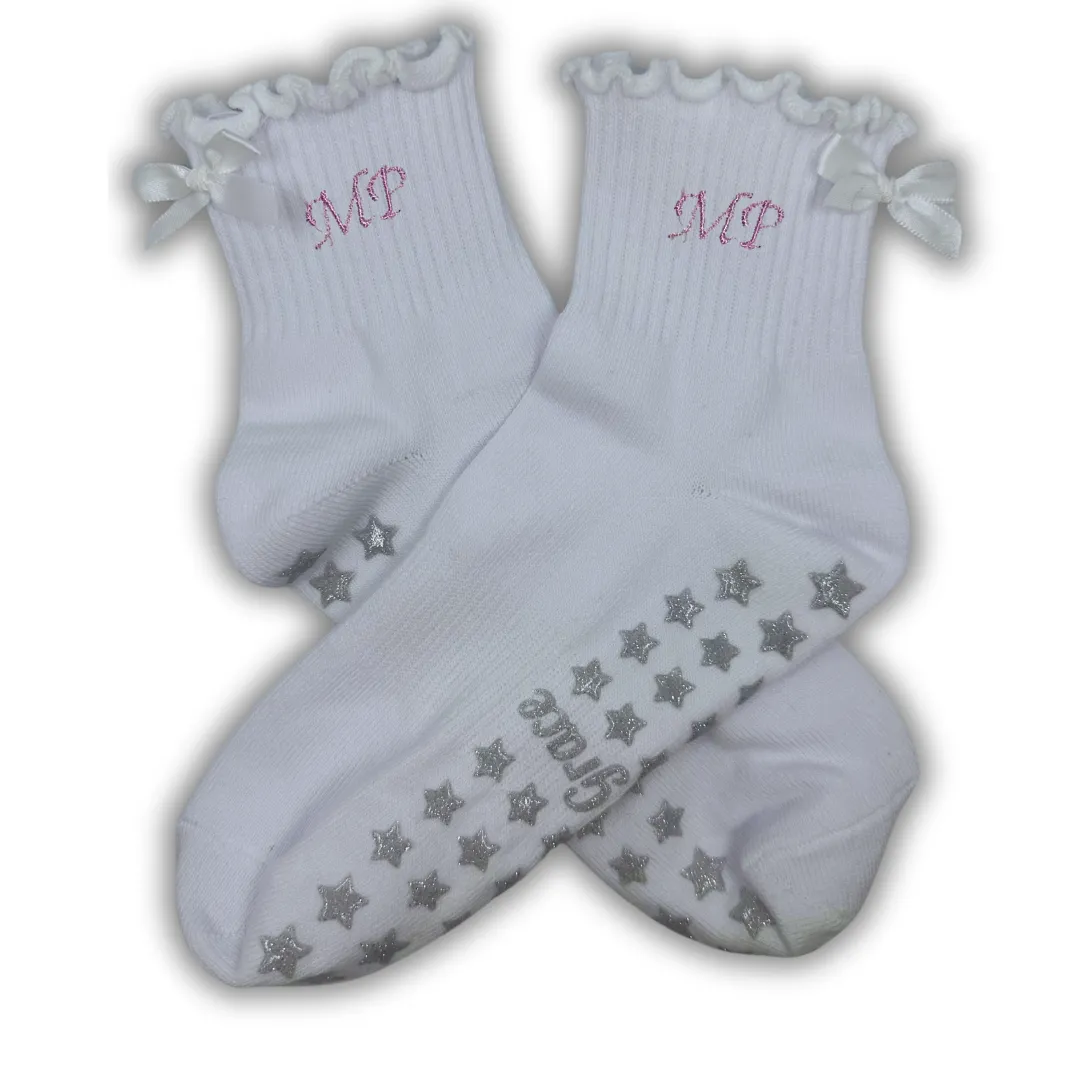 Custom Initial White ruffle grip sock with white bow and silver glitter star grips