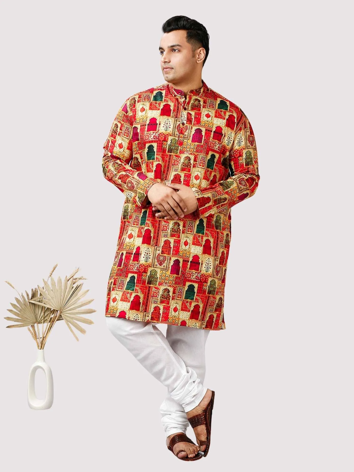 Dhamaal Printed Yellow White Kurta Men's Plus Size