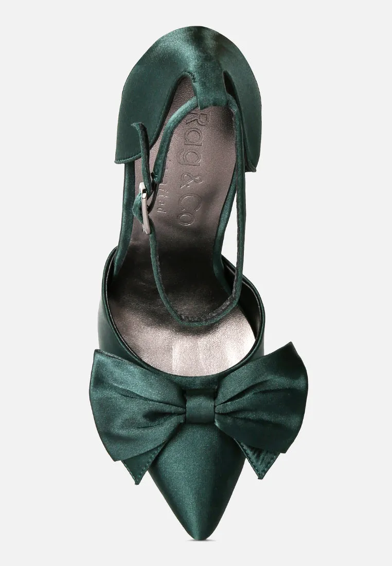 DINGLES Green Bow Embellished Satin Stiletto Sandals