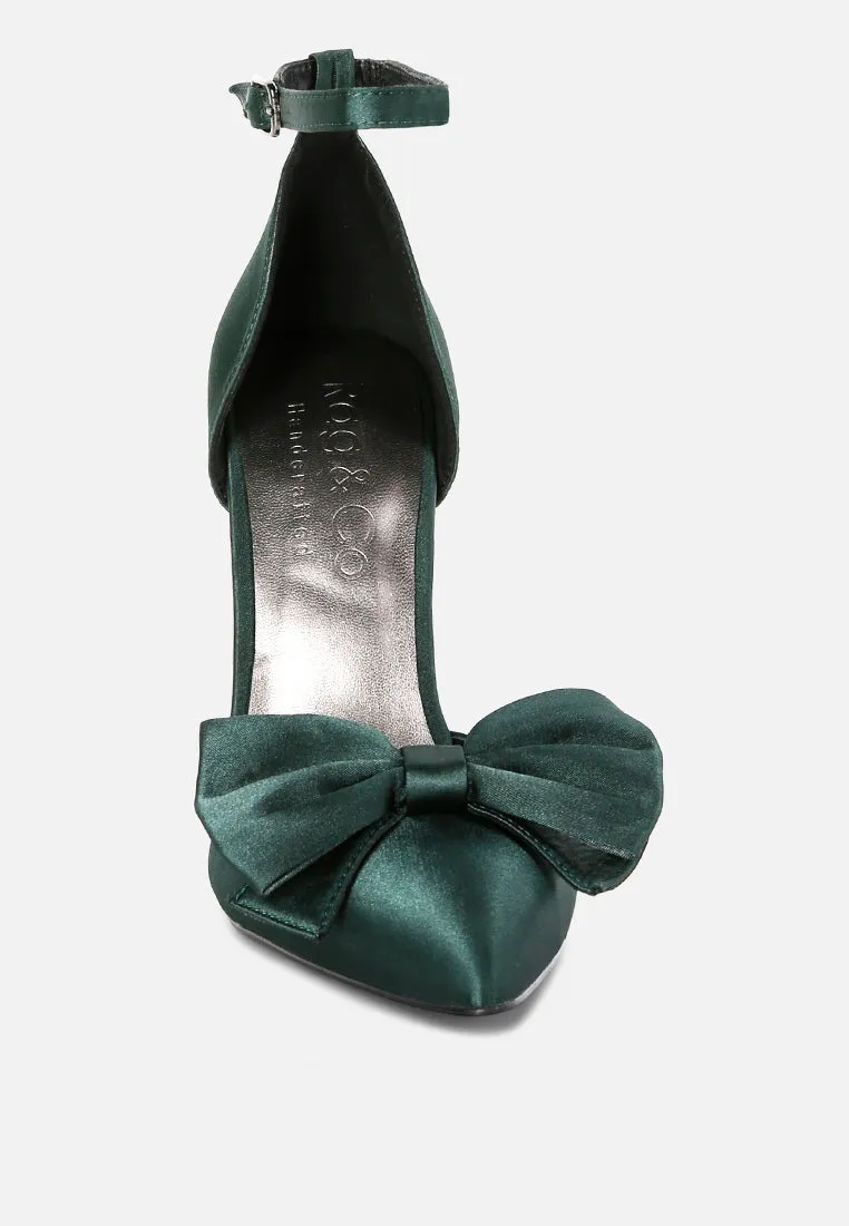 DINGLES Green Bow Embellished Satin Stiletto Sandals