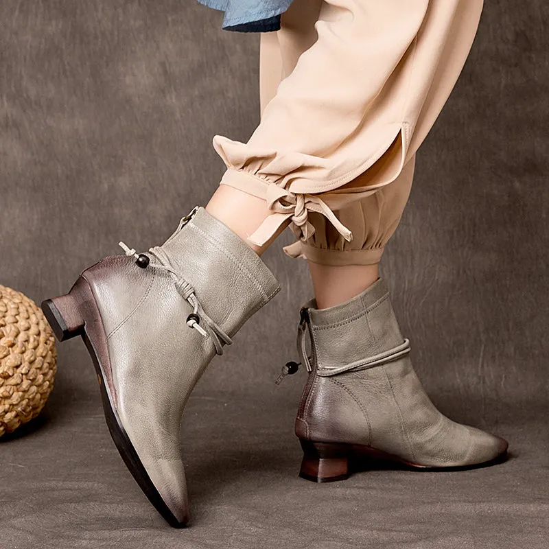 Elegant Women's Cow Leather Short Boots Low Heel Pumps for Autumn in Grey