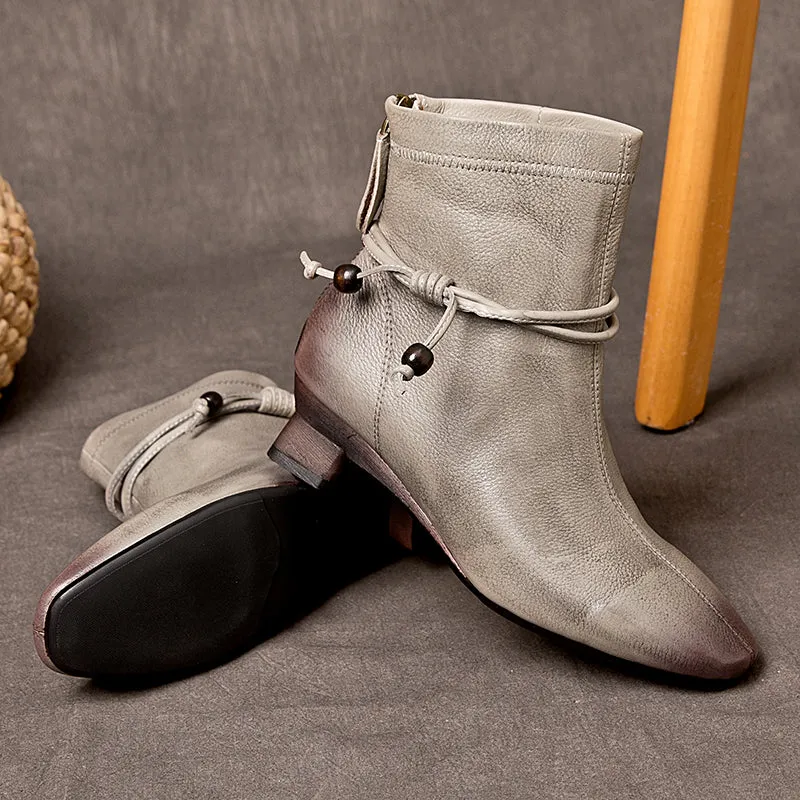 Elegant Women's Cow Leather Short Boots Low Heel Pumps for Autumn in Grey