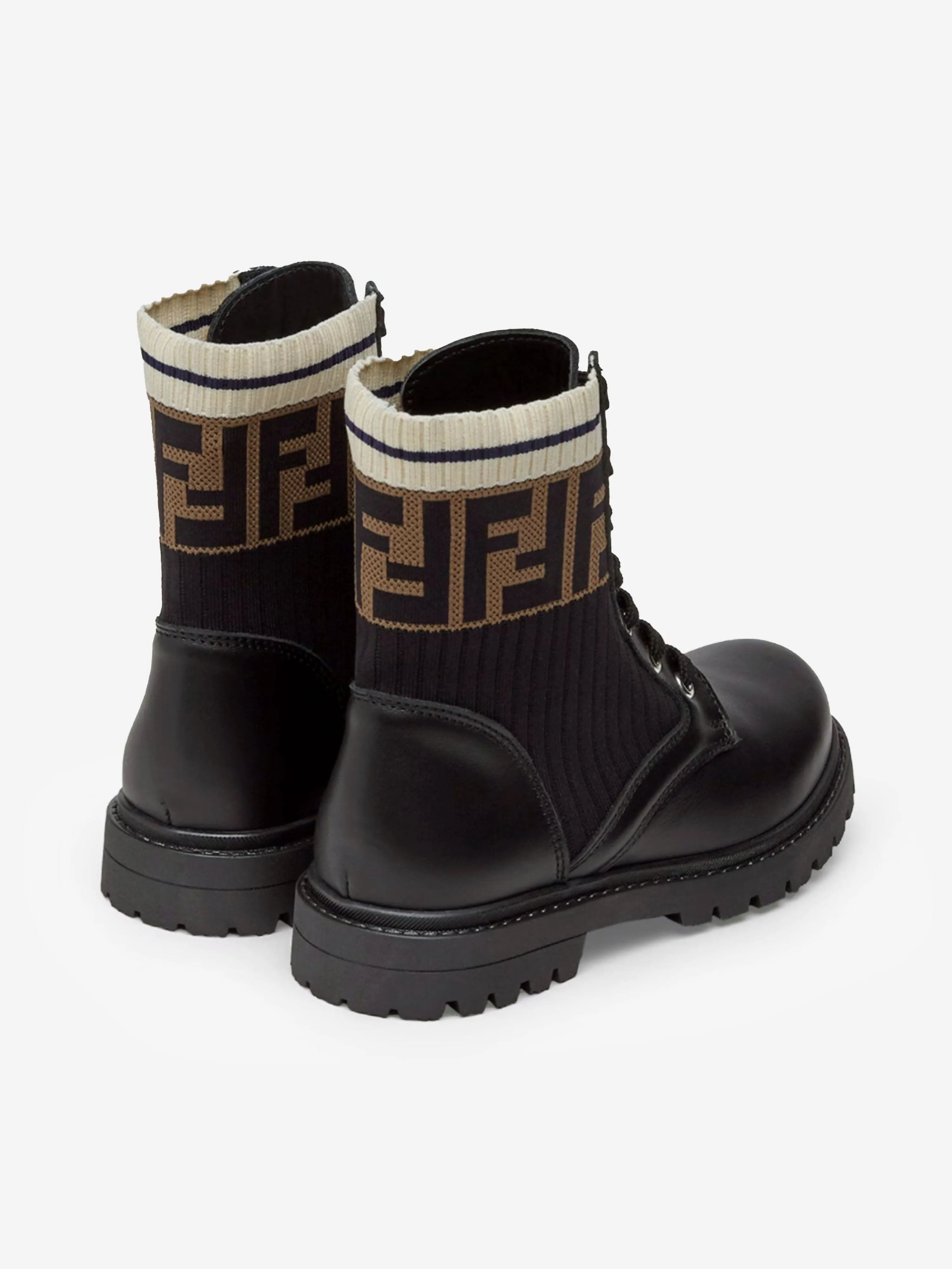 Fendi Kids Leather FF Logo Biker Boots in Black