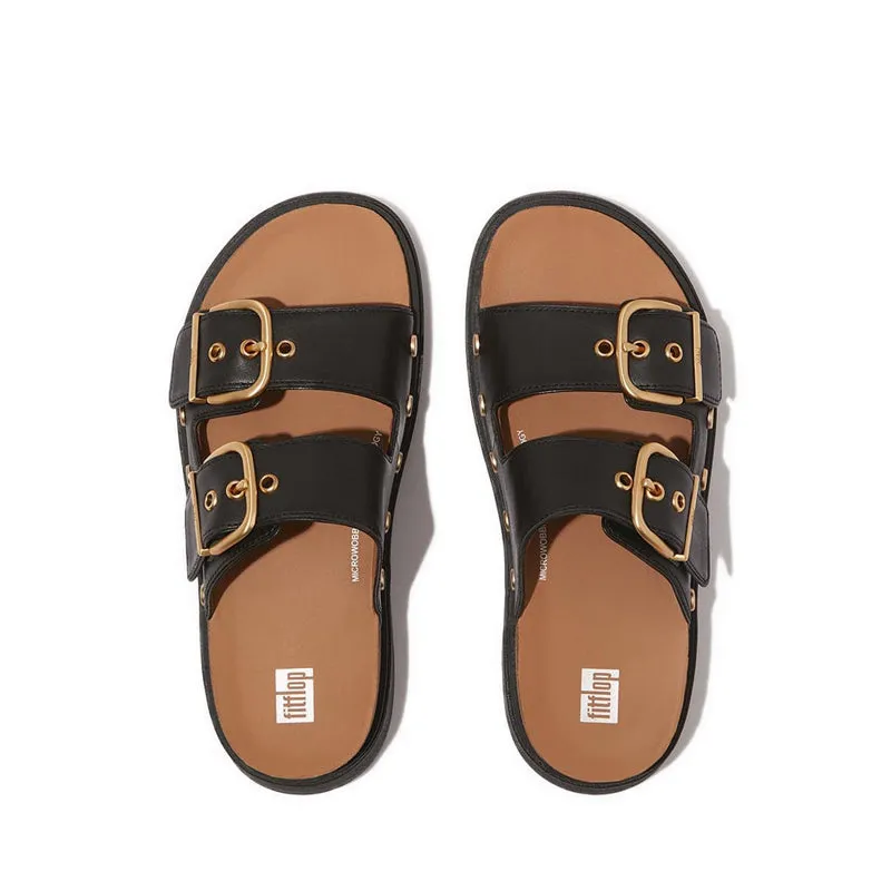 Gen-Ff Buckle Flat-Stud Two-Bar Leather Slides