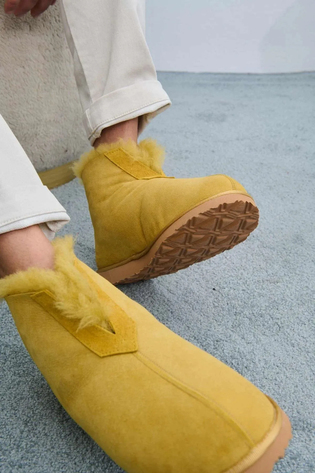 Genuine Suede Sheepskin Unisex Fudnap 191200 Mustard