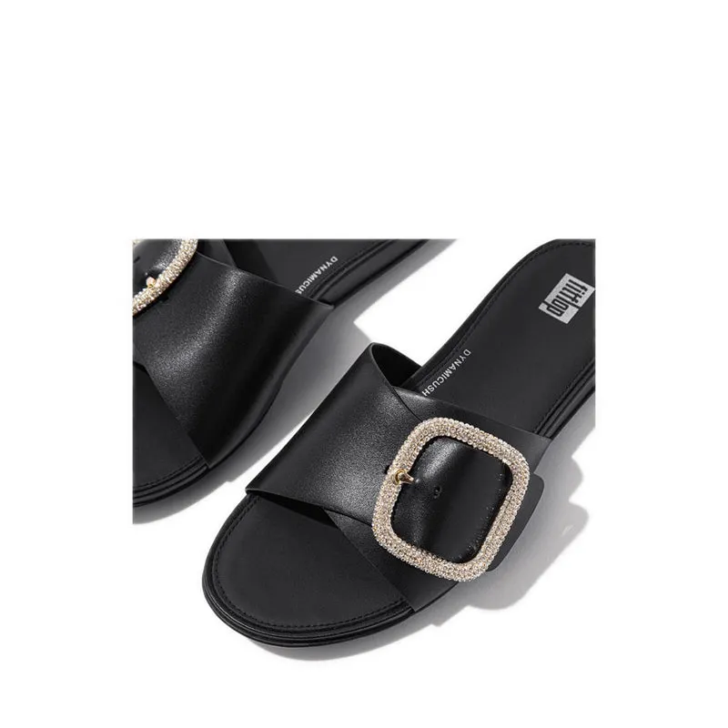 Gracie Crystal Maxi-Buckle Leather Slides - Black