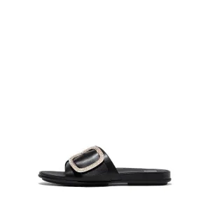 Gracie Crystal Maxi-Buckle Leather Slides - Black