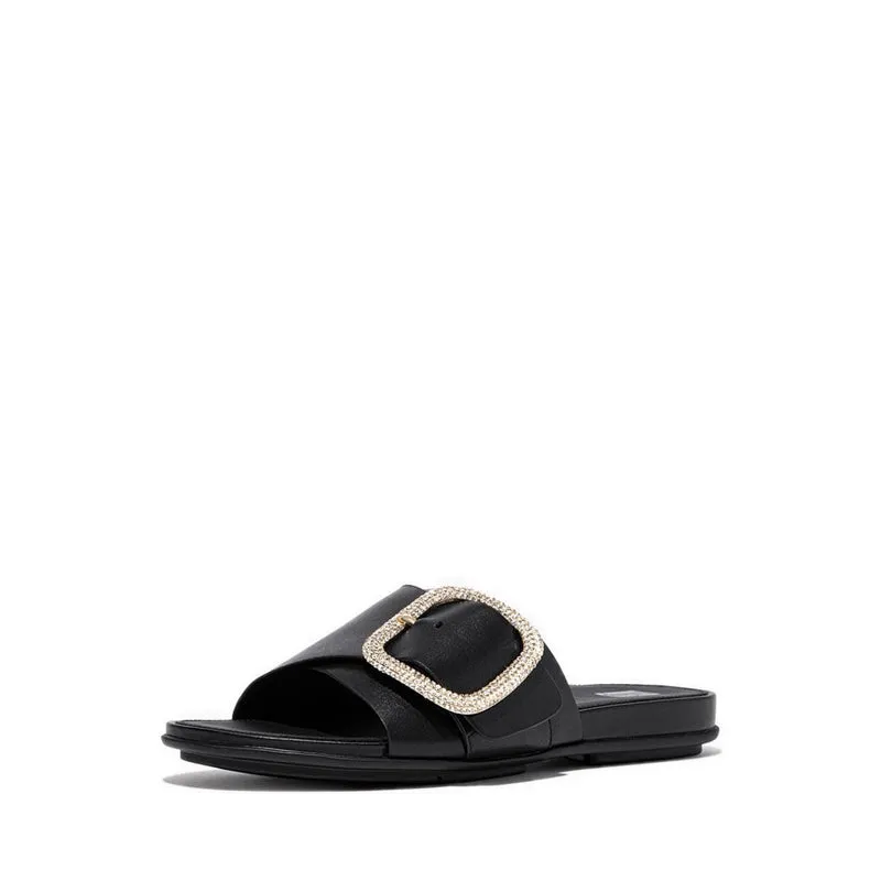 Gracie Crystal Maxi-Buckle Leather Slides - Black