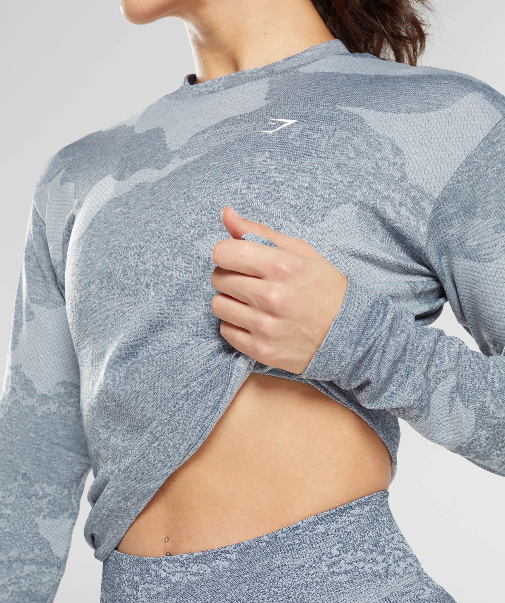 Gymshark Adapt Camo Seamless Long Sleeve Top - Lava | River Stone Grey/Evening Blue