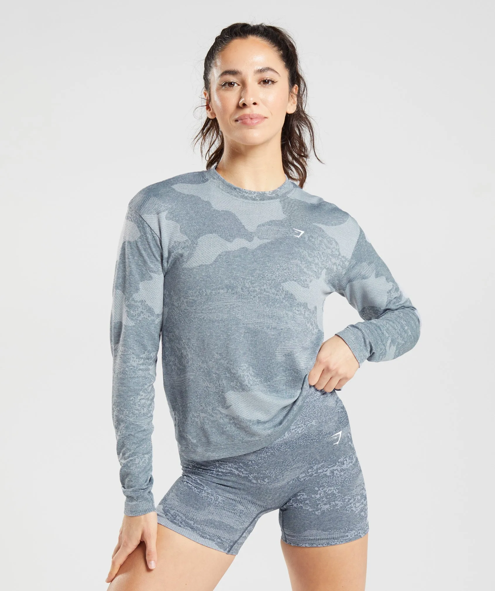 Gymshark Adapt Camo Seamless Long Sleeve Top - Lava | River Stone Grey/Evening Blue