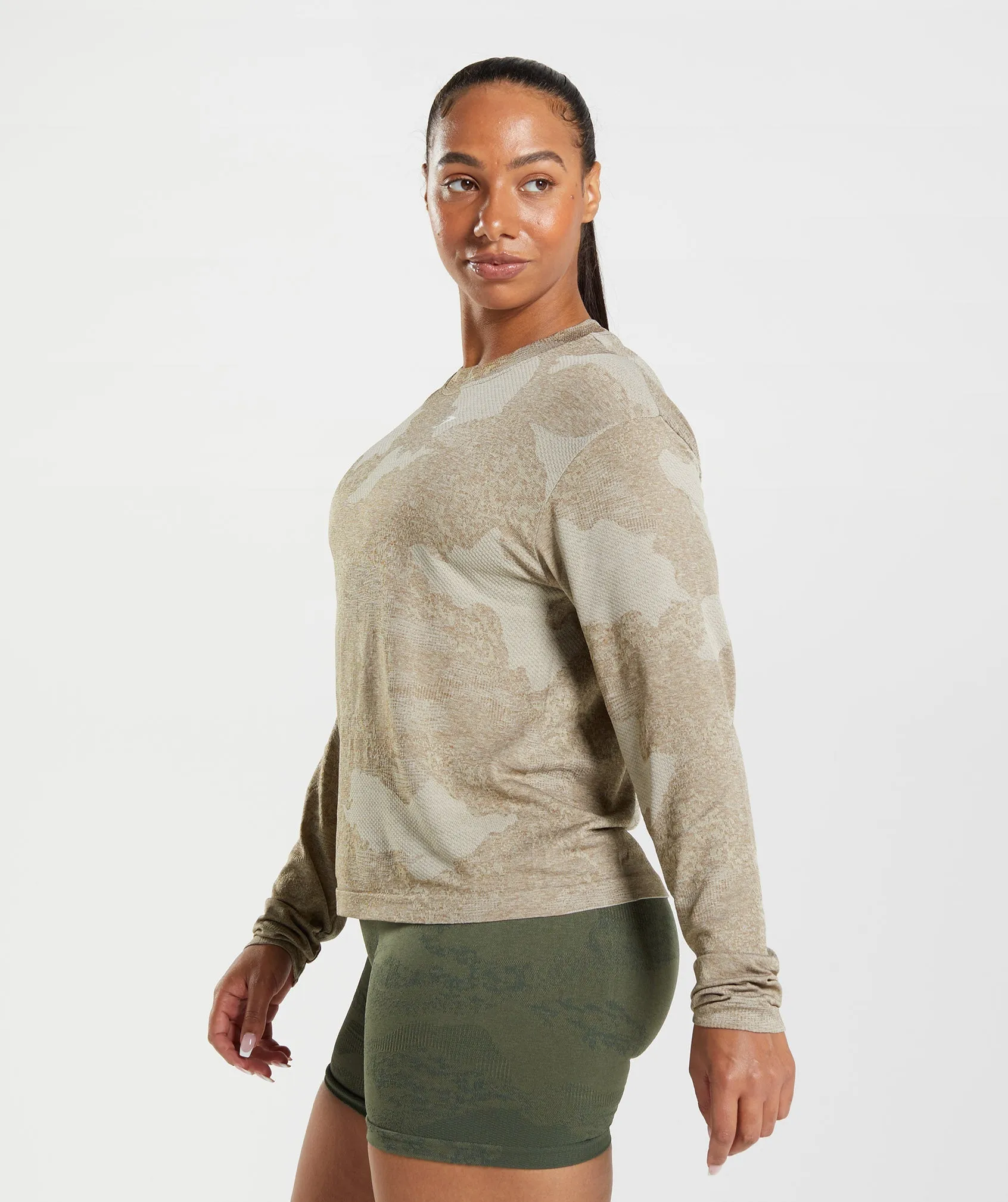 Gymshark Adapt Camo Seamless Long Sleeve Top - Pebble Grey/Soul Brown