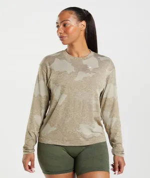 Gymshark Adapt Camo Seamless Long Sleeve Top - Pebble Grey/Soul Brown