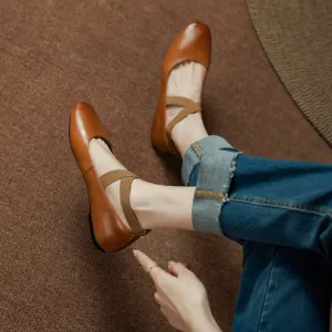 Handmade Leather Mary Jane Flats with Cross-strap Detail in Brown/Black