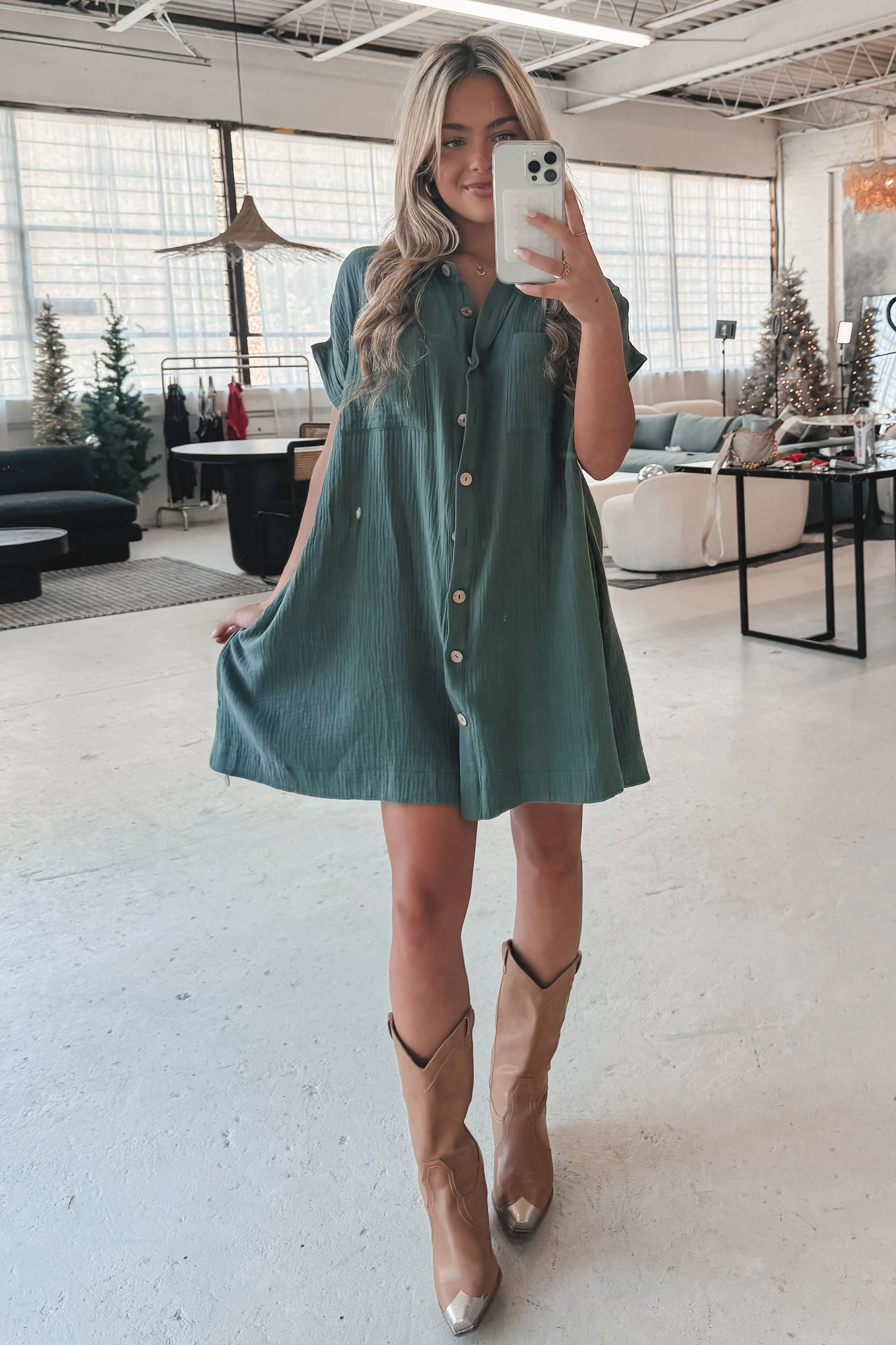 Hanging Out Tonight Green Linen Button Up Dress