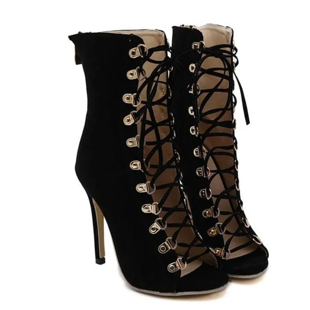 High Quality Gladiator High Heels Women Pumps Genova Stiletto Sandal Booties Pointed Toe Strappy Lace Up Pumps Shoes Woman Boots