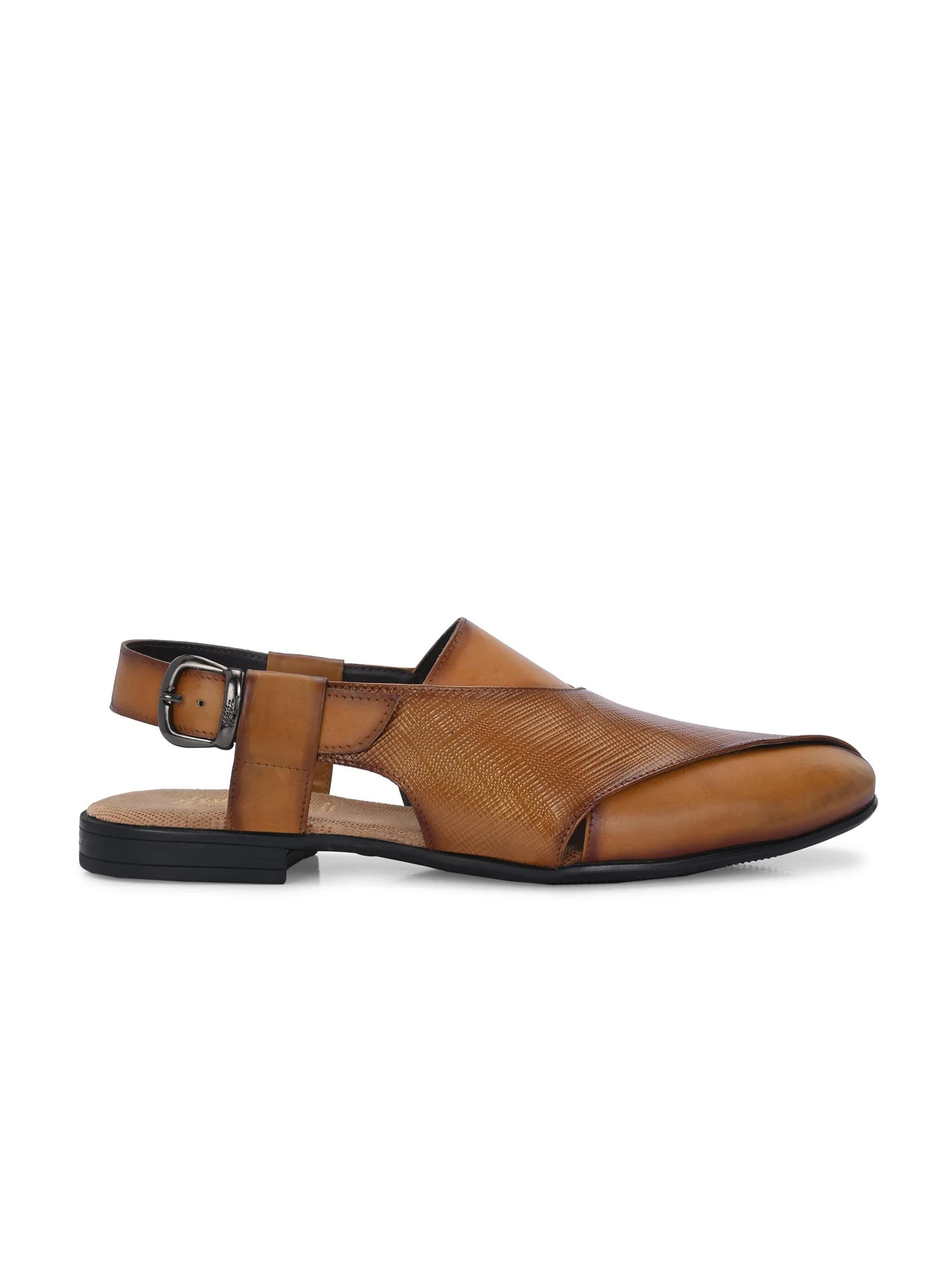 Hitz Men's Tan Leather Daily Wear Buckle Sandals