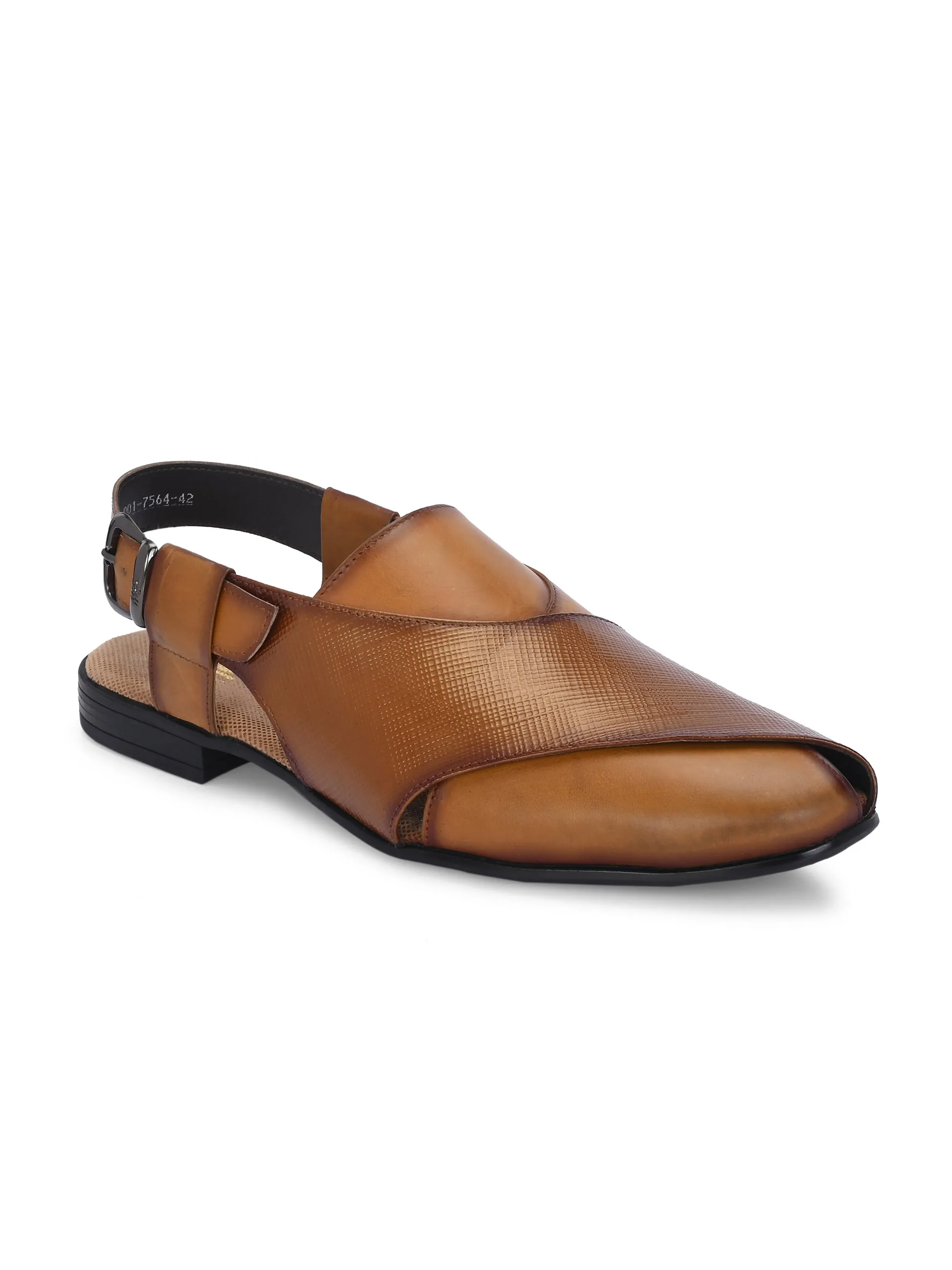 Hitz Men's Tan Leather Daily Wear Buckle Sandals