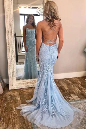 Hot Selling Blue Mermaid Spaghetti Strap Prom Dress with Lace Appliques UQP0002