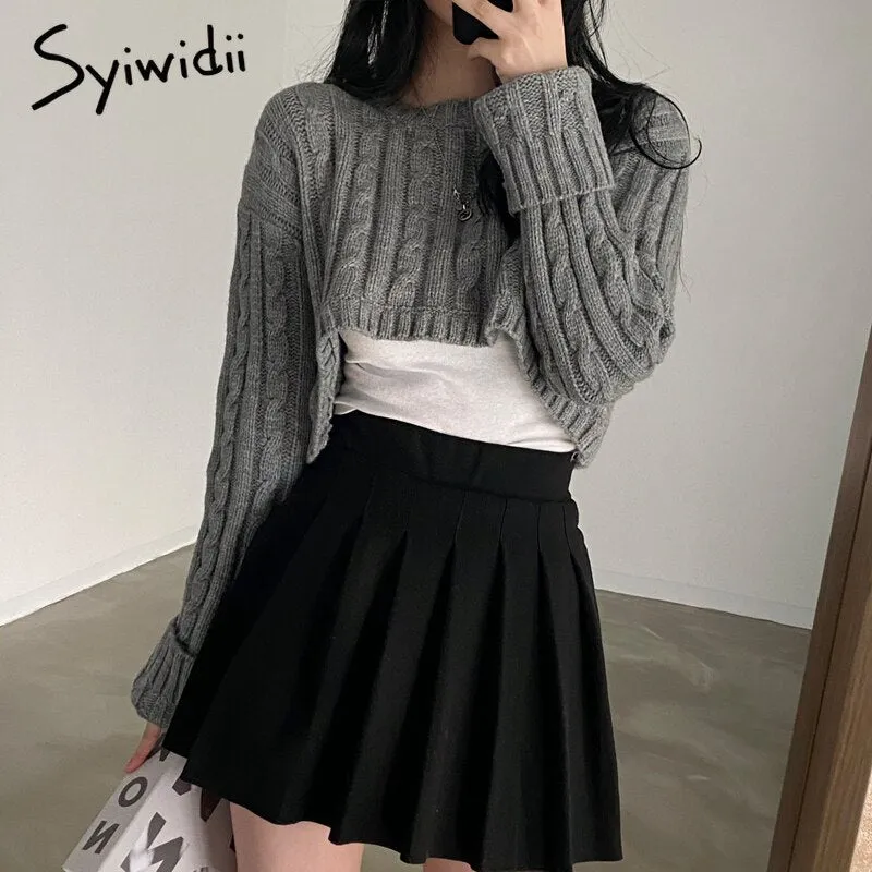 Joskaa Vintage Criss Cross Woman Crop Sweaters Autumn Winter 2024 Pullovers Long Sleeve Knitted Tops Harajuku Casual Jumpers