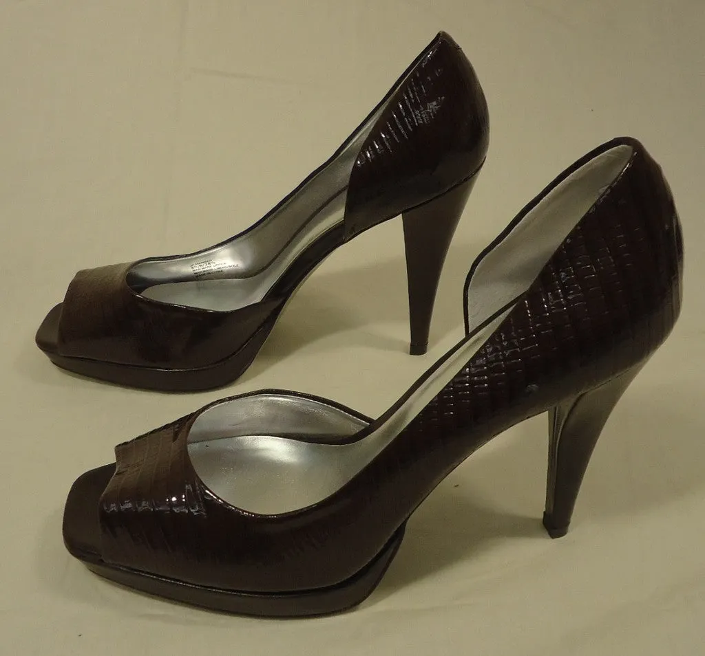 JS Open Toe Heels Shoes Man Made Female Adult 8 1/2 B Brown Snake Skin 16-210js -- New No Tags