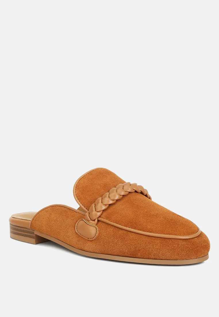 Lavinia Suede Leather Braided Detail Mules In Tan