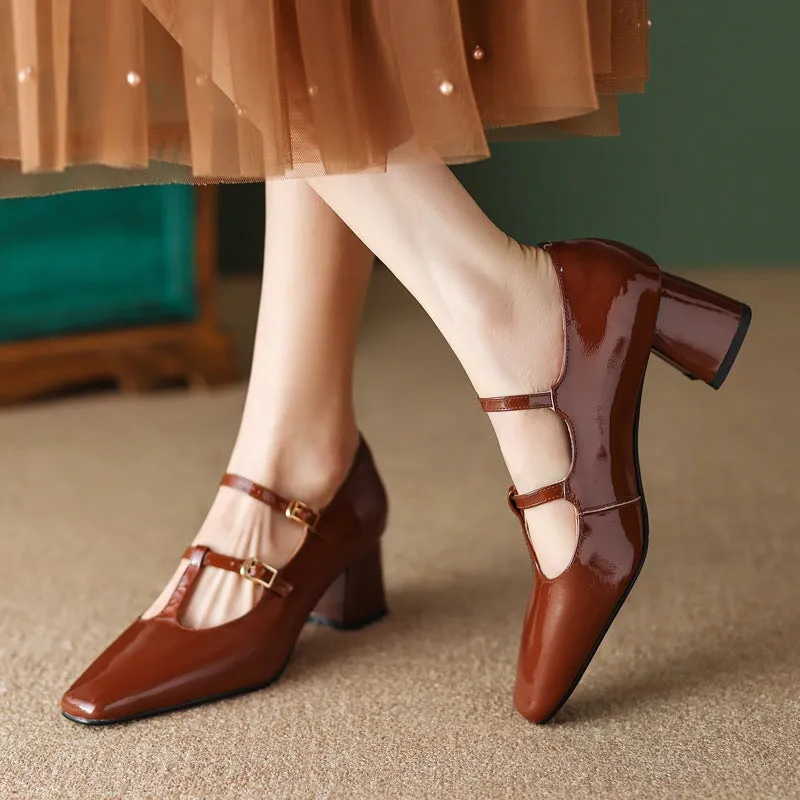 Leather T strap Detail Mary Jane Pumps Block Heel Square Toe in Red/Brown/Apricot