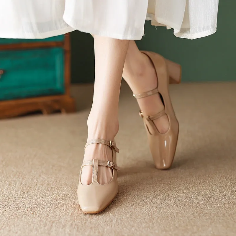 Leather T strap Detail Mary Jane Pumps Block Heel Square Toe in Red/Brown/Apricot