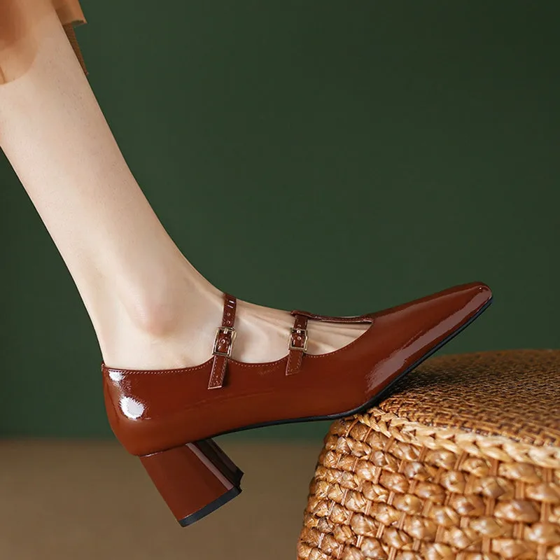 Leather T strap Detail Mary Jane Pumps Block Heel Square Toe in Red/Brown/Apricot