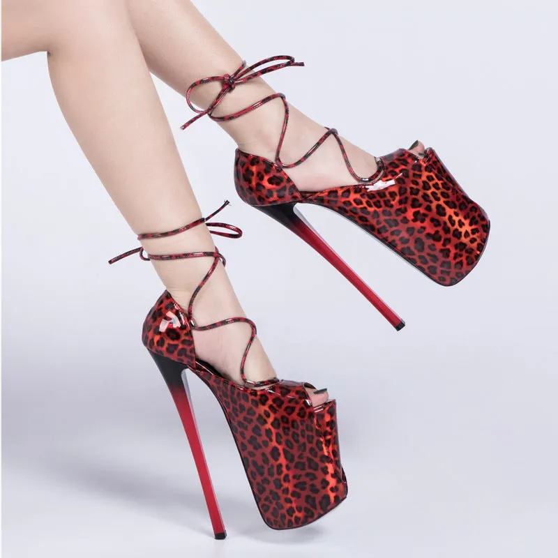 LeopardPrint Super High Stiletto Heel 22cm Strappy Sandals Hollow Fish Mouth Large Size 34-47 Size Women's Shoes