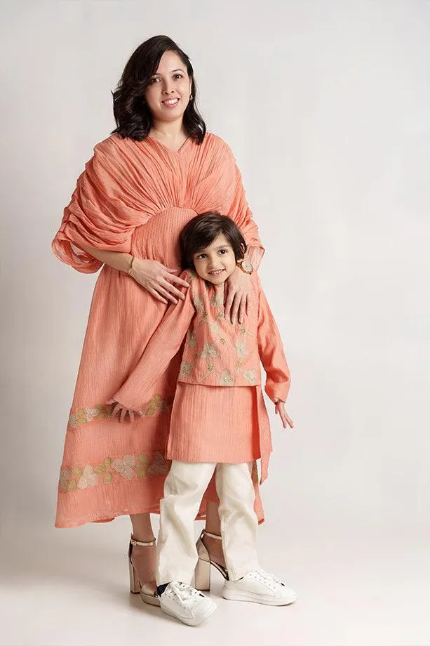 Little Muffin- Peach Chanderi Silk Hand Embroidered Asymmetrical Kurta & White Pants Set for Boys