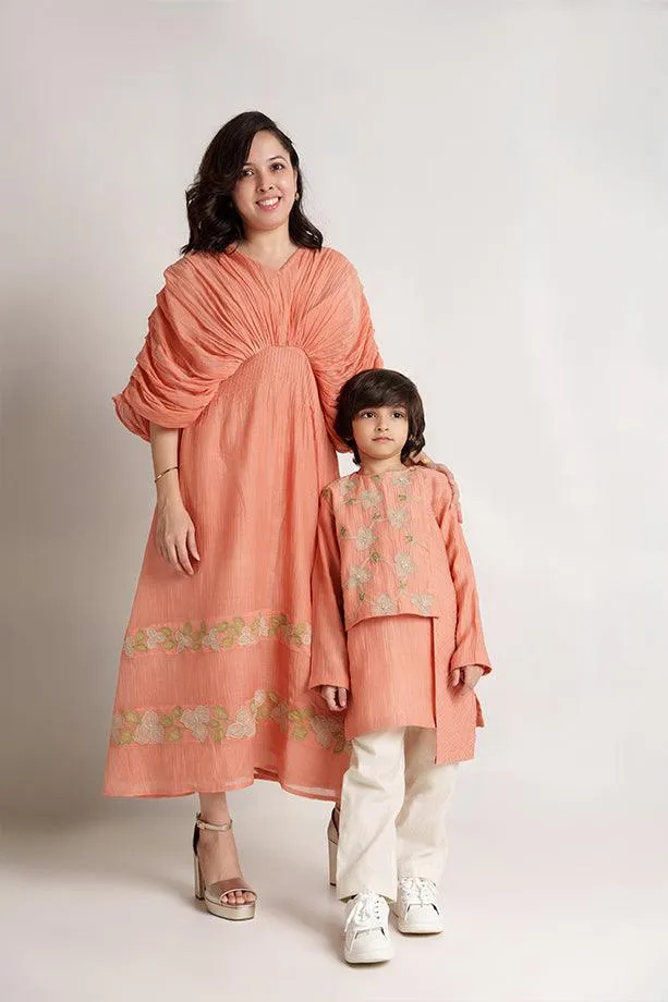 Little Muffin- Peach Chanderi Silk Hand Embroidered Asymmetrical Kurta & White Pants Set for Boys