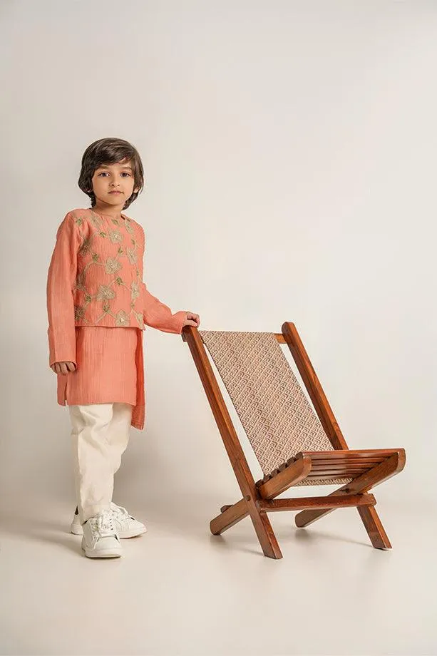 Little Muffin- Peach Chanderi Silk Hand Embroidered Asymmetrical Kurta & White Pants Set for Boys