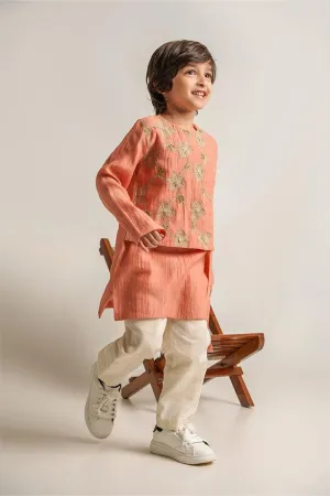 Little Muffin- Peach Chanderi Silk Hand Embroidered Asymmetrical Kurta & White Pants Set for Boys