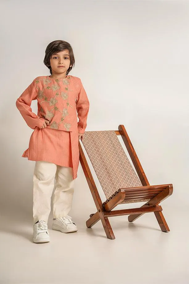 Little Muffin- Peach Chanderi Silk Hand Embroidered Asymmetrical Kurta & White Pants Set for Boys